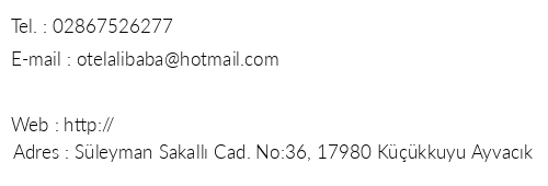 Ali Baba Otel Kkkuyu telefon numaralar, faks, e-mail, posta adresi ve iletiim bilgileri